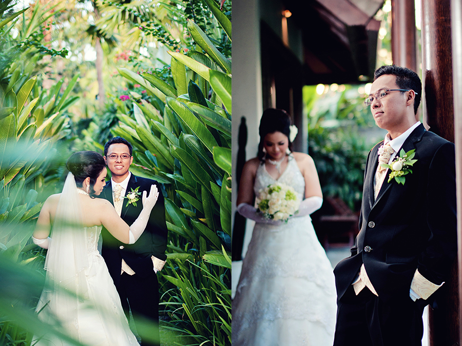Pasangan prewedding elegan dengan gaun putih dan jas hitam di lokasi outdoor Jakarta konsep romantis natural
